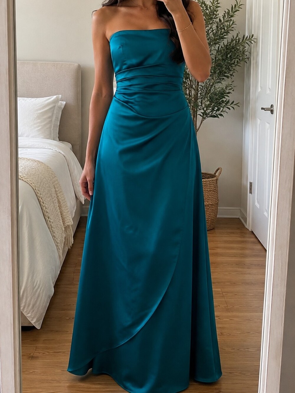 Strapless Teal Satin Evening Gown David's Bridal